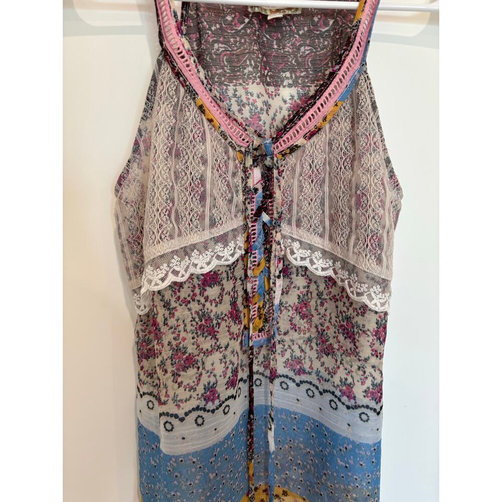 Cottagecore Twee Girly Boho Floral Lace Trim Sleeveless Blouse Patchwork Size S